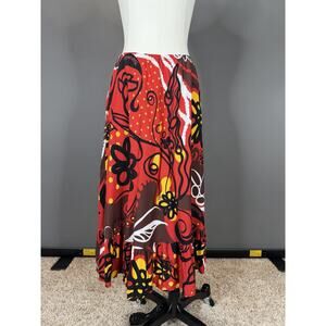 Manuhealii Hawaii Small Red Floral Midi Maxi Long Skirt Elastic Waist Ruffle